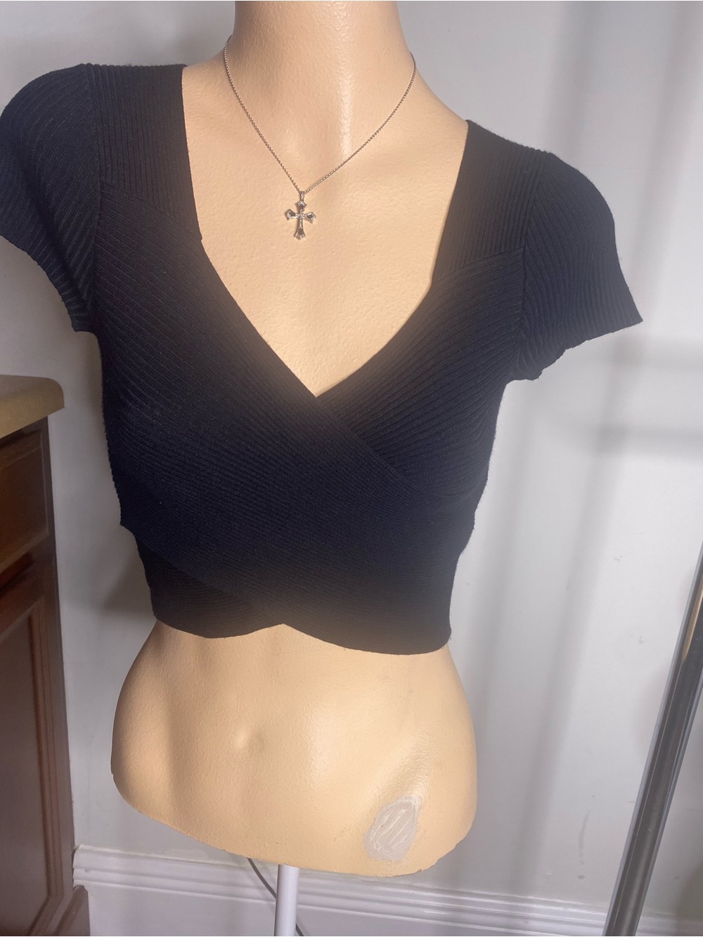 Sweet Wanderer Black Ribbed Wrap Crop Top
